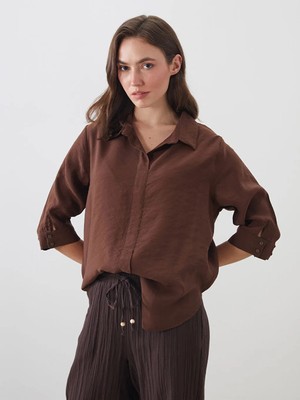 LC Waikiki Kahverengi Gömlek Yaka Modal Karışımlı Bluz