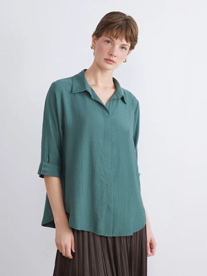 LC Waikiki Yeşil Büyük Beden Gömlek Yaka Dokulu Oversize Bluz