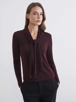 LC Waikiki Mürdüm Şal Yaka Parlak Görünümlü Bluz