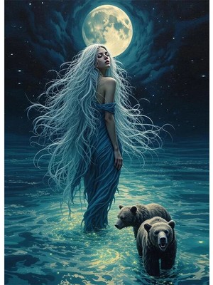 Bedeko Ay Işığında Kadın ve Yavru Ayılar Mdf Ahşap Tablo