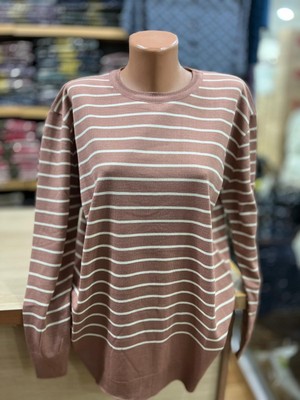 TCR Kadın Triko Yuvarlak Yaka Oversize Çizgili Kazak