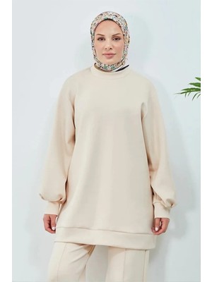 Tesettür Diyarı Scuba Kumaş Ribana Manşet Balon Kol Tesettür Tunik- Bej