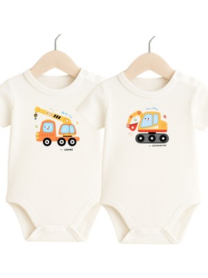 Babytex Bebek Zıbın Kısa Kollu Vinç ve Ekskavatör Baskılı %100 Pamuk Bebek Body