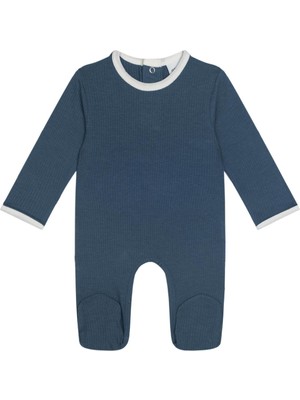 Antebies Bambu Sustainable Beyaz Detaylı Mavi Arkadan Çıtçıtlı Uzun Kollu Erkek Bebek Patikli Tulum