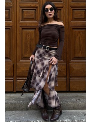 Madmext Kahverengi Kemerli Yırtmaçlı Ekose Desen Volanlı Etek MG2715