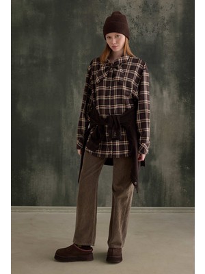 HE-QA Fular Yaka Ekose Gömlek Acı Kahve