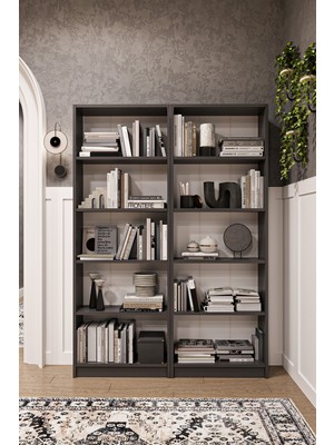 Asra Trend 5 Raflı (5 Bölmeli) 2 Modüllü Kitaplık Çalışma Odası Ofis Modern Dekoratif Kitaplık Akça Ağaç