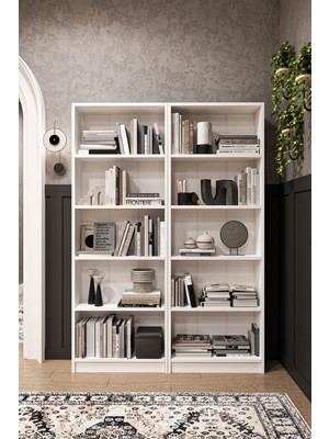 Asra Trend 5 Raflı (5 Bölmeli) 2 Modüllü Kitaplık Çalışma Odası Ofis Modern Dekoratif Kitaplık Akça Ağaç