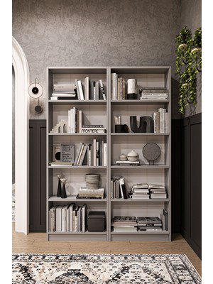 Asra Trend 5 Raflı (5 Bölmeli) 2 Modüllü Kitaplık Çalışma Odası Ofis Modern Dekoratif Kitaplık Akça Ağaç