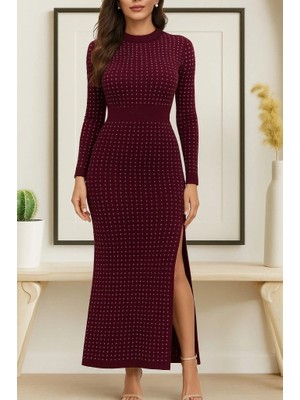 Kadın Uzun Kollu Bisiklet Yaka Taşlı Midi Kadife Elbise