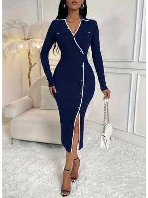 Kadın Uzun Kollu Yakalı Cepli Düğmeli Yırtmaç Detaylı Modal Uzun Elbise