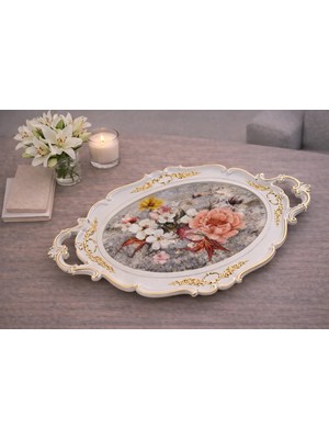 Zucci Home Hürrem Çiçek Desenli Lüx Sunum Tepsisi | Toprak  - Dekoratif Servis Tepsisi | 48x28 cm