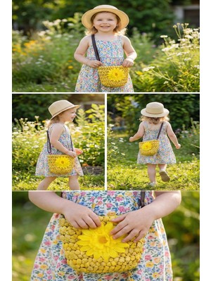 Bay Şapkacı - Papatya Detaylı Örgü Kız Çocuk Çapraz ÇANTA-7030