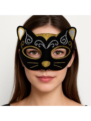 İlk El Grup Ieg™ Kadife Dokulu Sim Detaylı Işıltılı Kedi Maskesi Altın Gümüş 20X13 cm