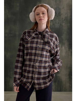 HE-QA Fular Yaka Ekose Gömlek Kahve