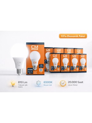 Cmsolar CM 9W E27 6500K Beyaz Işık LED Ampul 10’lu Paket – Enerji Tasarruflu Uzun Ömürlü