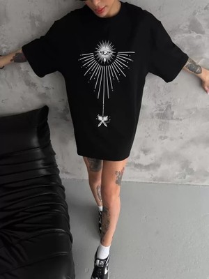 Unisex Bisiklet Yaka Baskılı Oversize T-Shirt - Siyah