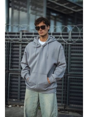 Oversize Tam Fermuarlı Uzun Kol Hırka - Gri