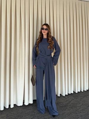 Laluvia Indigo Kuşaklı Dantel Detaylı Bluz Pantolon Takım - 8006