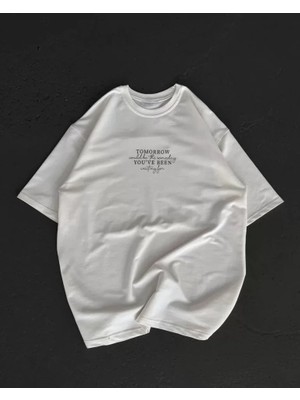 Unisex Bisiklet Yaka Baskılı Oversize T-Shirt - Beyaz