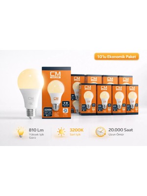 Cmsolar CM 9W E27 3200K Sarı Işık LED Ampul 10’lu Paket – Sıcak Işık Enerji Tasarruflu Uzun Ömürlü