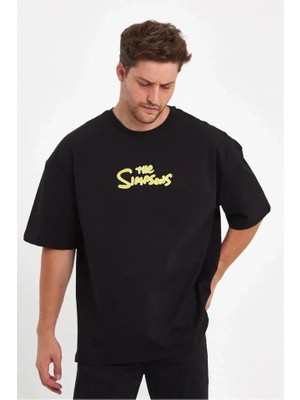 Erkek Sırt Baskılı Bisiklet Yaka Oversize T-Shirt - Siyah