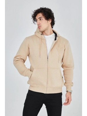 Erkek Kapüşonlu Düz Fermuarlı Hırka - Bej