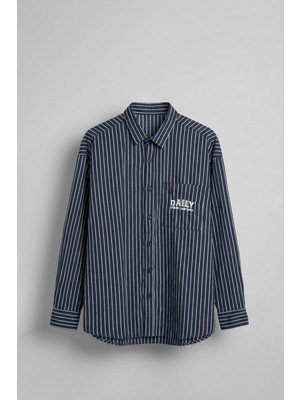 Abluka Online Erkek Çizgili Oversize Uzun Kollu Nakış Detaylı Gömlek Lacivert