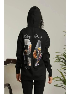 Baskılı Oversize Üç Iplik Kapüşonlu Sweatshirt - Siyah