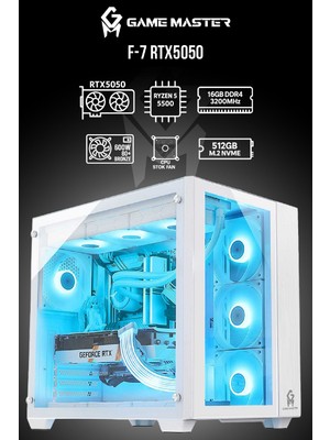 GM Game Master F7 RTX5050 8gb Ryzen 5 5500 16GB Ram 512GB Nvme SSD Beyaz Akvaryum Gaming Pc