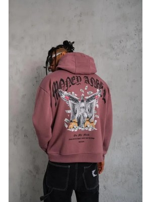 Erkek Kordon Ipli Baskılı Kapüşonlu Sweatshirt - Gül Kurusu