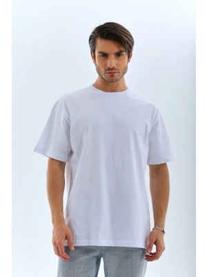 Unisex Oversize Düz Bisiklet Yaka T-Shirt - Beyaz