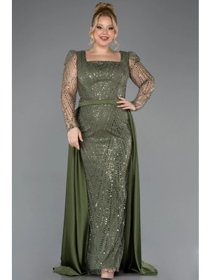 Taşlı Uzun Kol Saten Kuyruklu Büyük Beden Abiye ABU4761