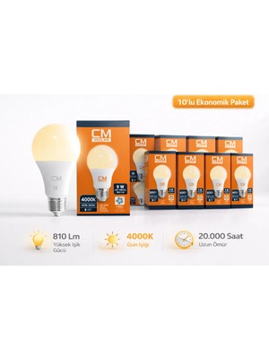 Cmsolar CM 9W E27 4000K Gün Işığı LED Ampul 10’lu Paket – Doğal Beyaz Enerji Tasarruflu
