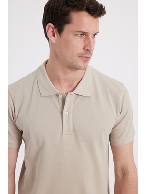Tudors Erkek Slim Fit Dar Kesim %100 Pamuk Bej Polo Yaka Tişört