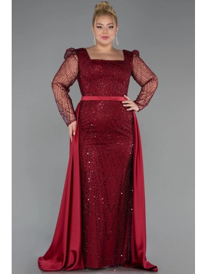 Taşlı Uzun Kol Saten Kuyruklu Büyük Beden Abiye ABU4761