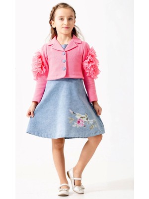 Miniğimin Cicileri Gül Baskılı Taş Detaylı Kot Elbise Selanik Ceketli Kız Çocuk 2’li Takım - Fuşya