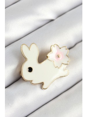 Eco Lounge Mineli Çiçek Detaylı Krem Tavşan Figürlü Gold Renk Kadın Broş