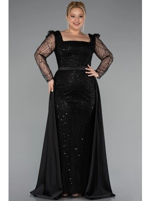 Taşlı Uzun Kol Saten Kuyruklu Büyük Beden Abiye ABU4761