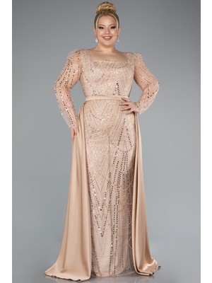 Taşlı Uzun Kol Saten Kuyruklu Büyük Beden Abiye ABU4761