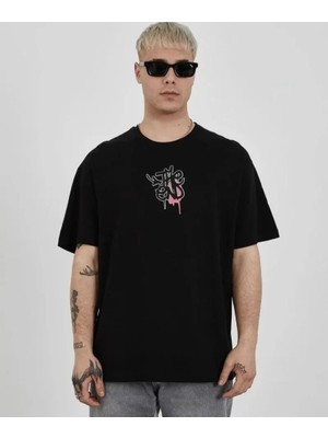 Unisex Bisiklet Yaka Baskılı Oversize T-Shirt - Siyah