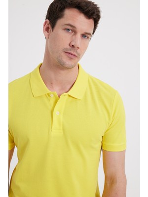 Tudors Erkek Slim Fit Dar Kesim %100 Pamuk Sarı Polo Yaka Tişört