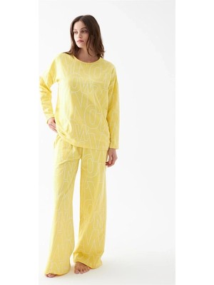 Beruflic Kadın Oversize Sarı Desenli Pamuklu Kalın Pijama Takımı