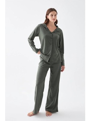 Beruflic Kadın Haki Düğmeli Pamuklu Pijama Takımı