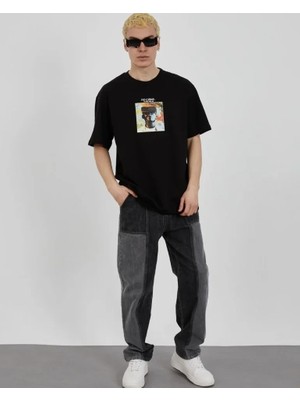 Unisex Bisiklet Yaka Baskılı Oversize T-Shirt - Siyah