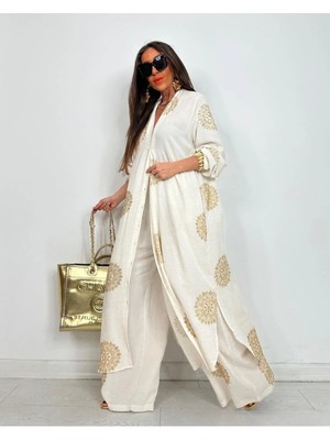 Madame Melek Glow Nakışlı Kimono Takın Uzun Maxi Boy Gömlek Pantolonlu Takım