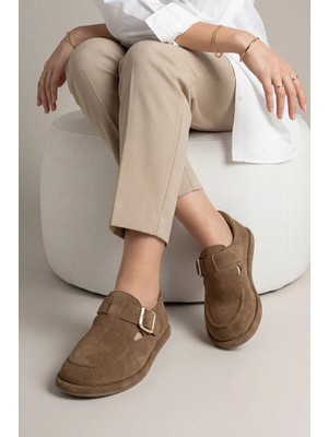 Marjin Kadın Hakiki Deri Loafer Bantlı Maskülen Günlük Ayakkabı Zepar Taba Süet