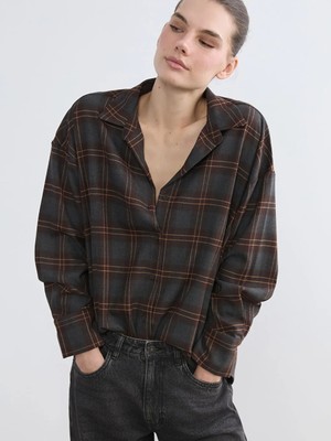 LC Waikiki Gri Ekose Oversize Kadın Gömlek