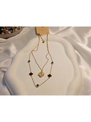 Euro Aksesuar Nazar Boncuklu Küçük Yonca Figürlü 14 K Kaplama Çelik Kolye