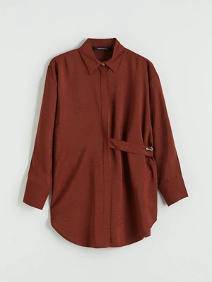 LC Waikiki Kahverengi Çiçekli Kuşaklı Kadın Gömlek Tunik